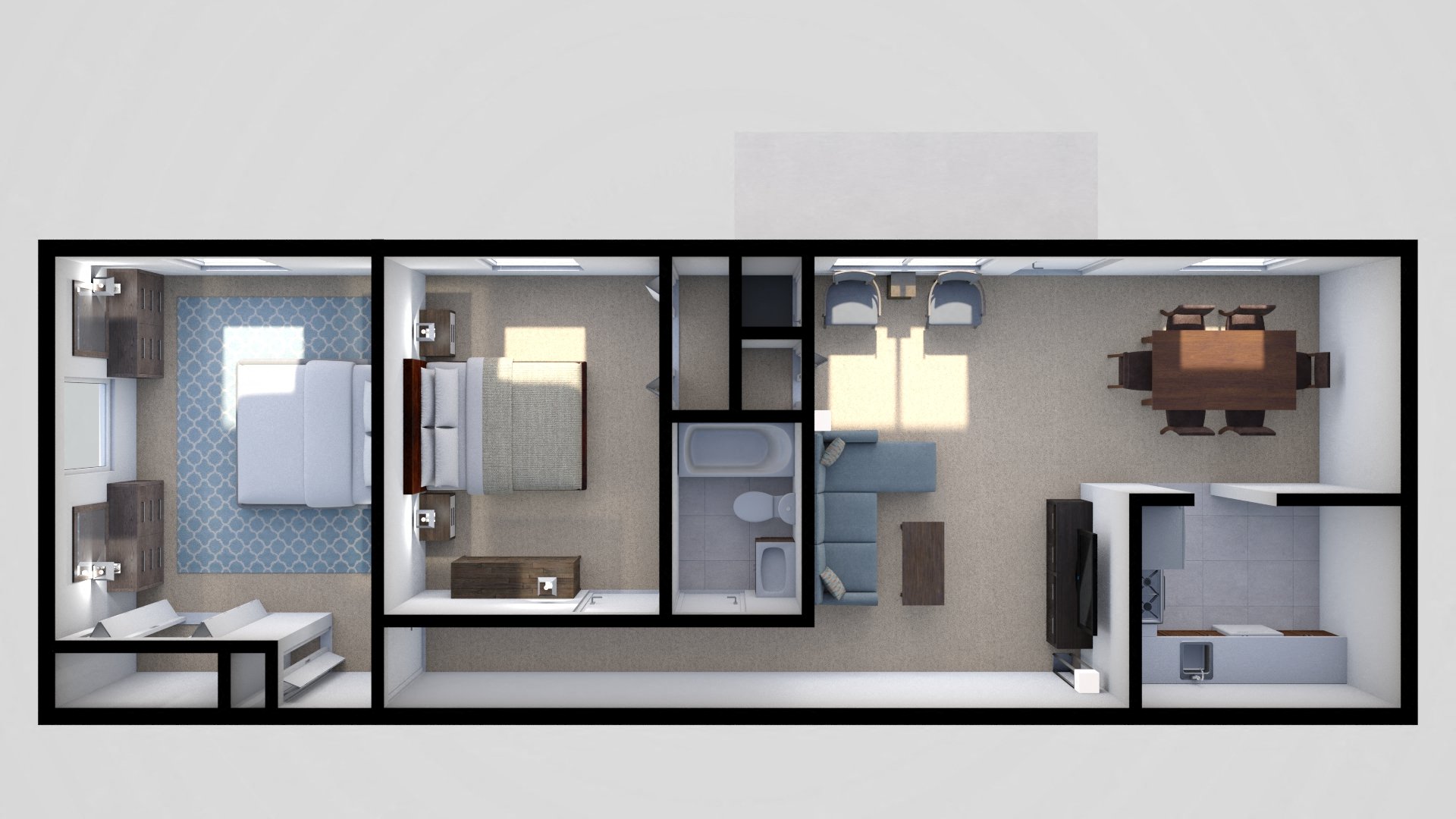 Floor plan for 2 beds, 1 bath, 863 sqft